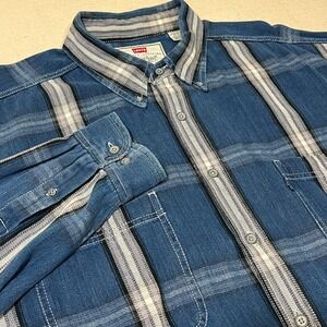 Vintage Levis Quality Clothing Blue\/Grey Plaid Denim Button Down Shirt XL*NOTE*